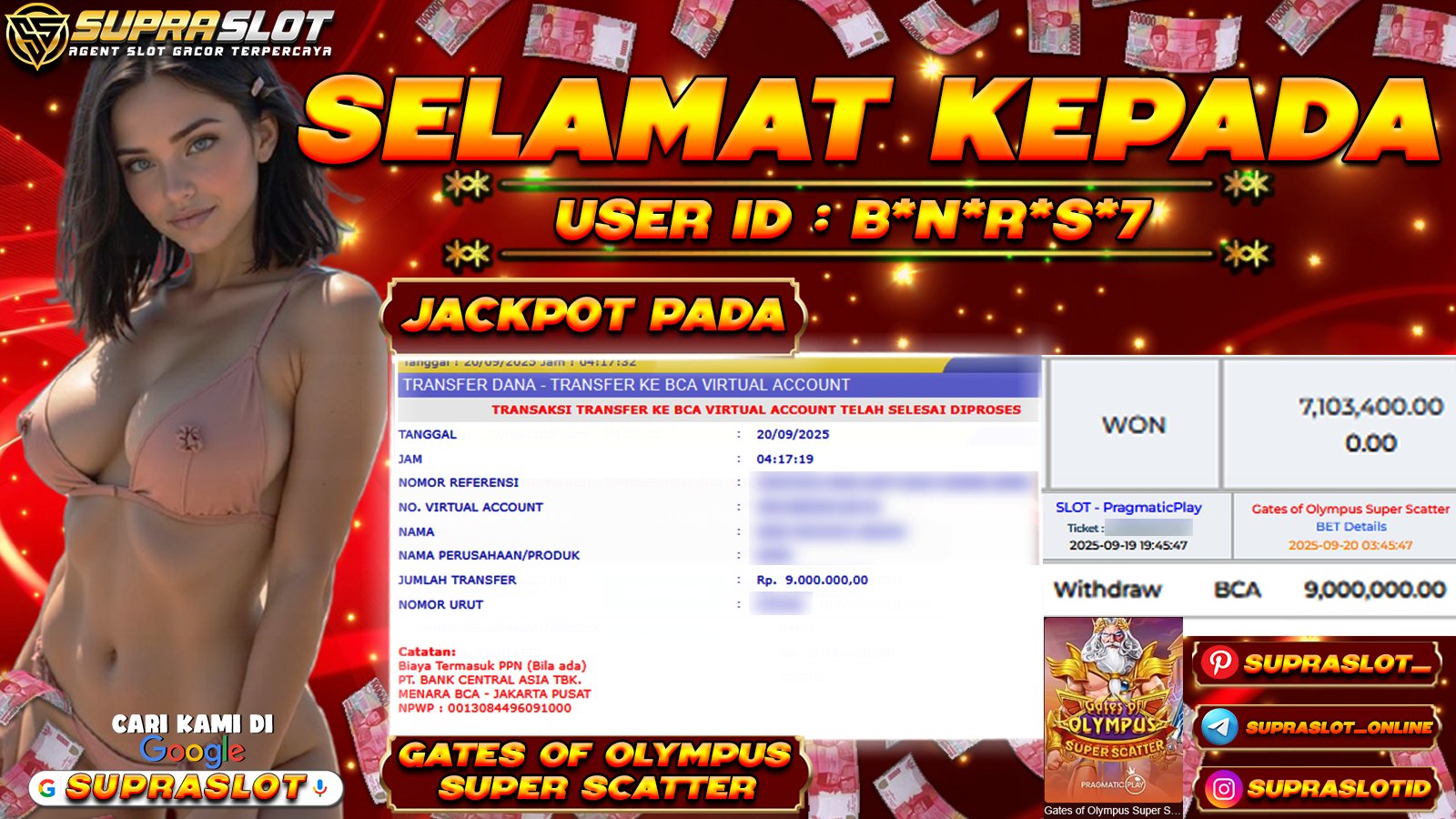SUPRASLOT JACKPOT di SLOT GATES OF OLYMPUS SUPER SCATTER Rp.9.000.000,- LUNAS