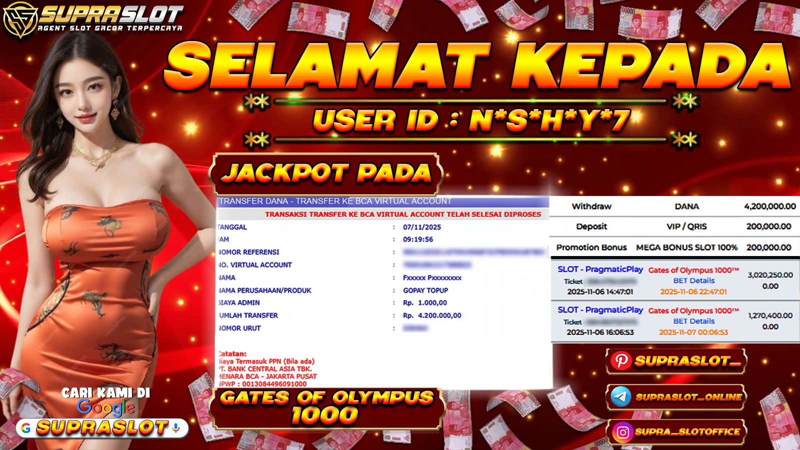 SUPRASLOT JACKPOT di SLOT GATES OF OLYMPUS 1000 Rp.4.200.000,- LUNAS