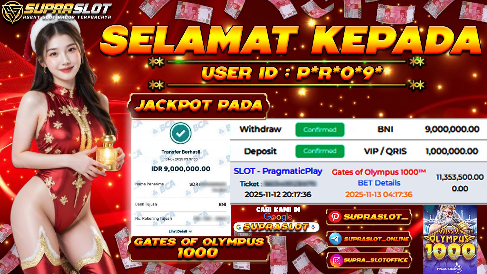 SUPRASLOT JACKPOT di SLOT GATES OF OLYMPUS 1000 Rp.9.000.000,- LUNAS