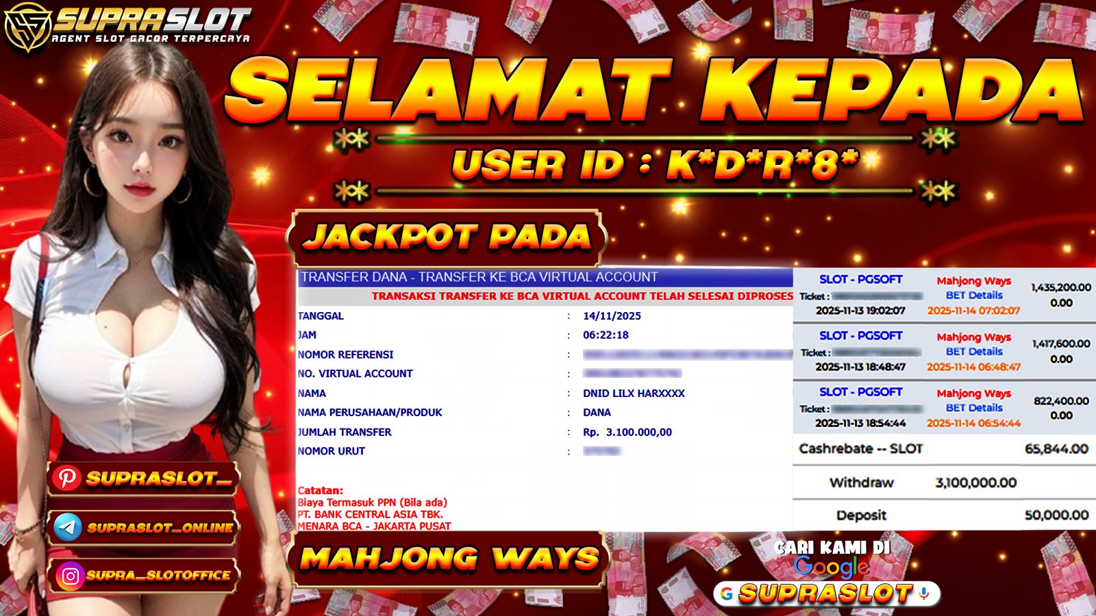 SUPRASLOT JACKPOT di SLOT MAHJONG WAYS Rp.3.100.000,- LUNAS