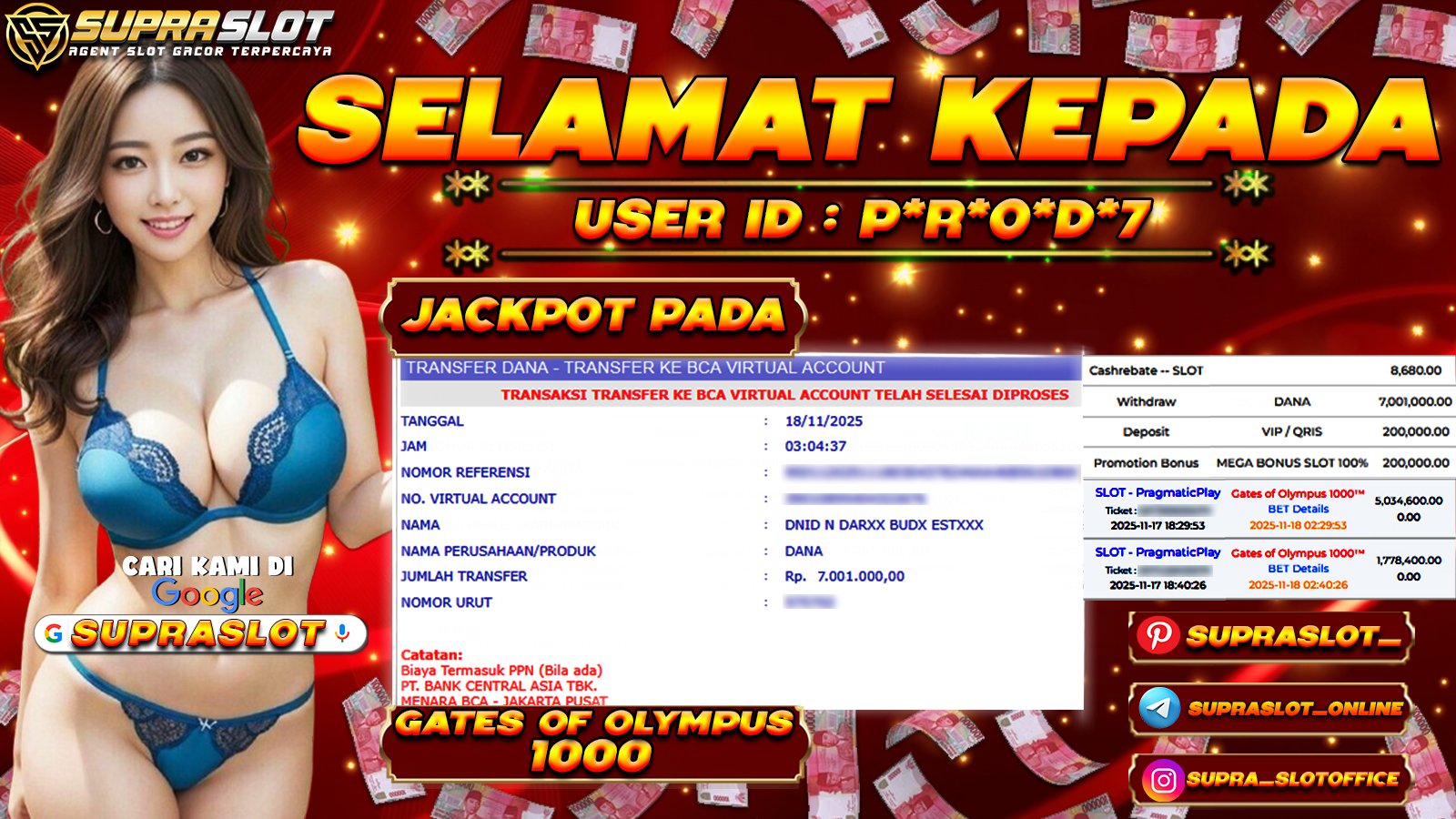 SUPRASLOT JACKPOT di SLOT GATES OF OLYMPUS 1000 Rp.7.001.000,- LUNAS