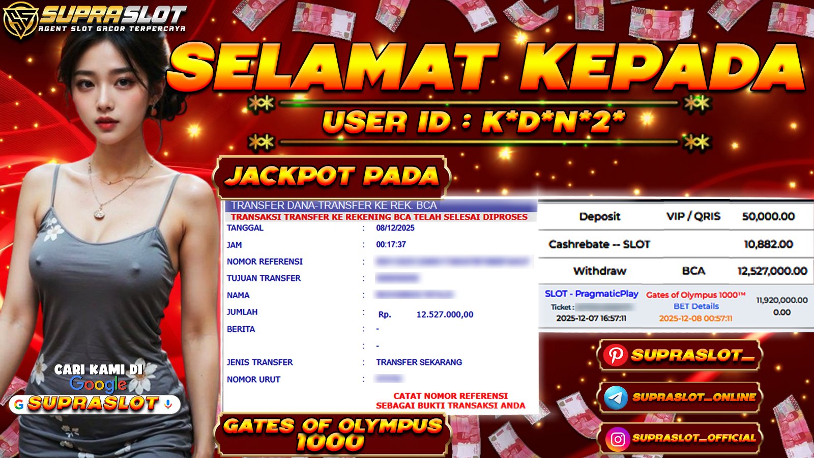 SUPRASLOT JACKPOT di SLOT GATES OF OLYMPUS 1000 Rp.12.527.000,- LUNAS