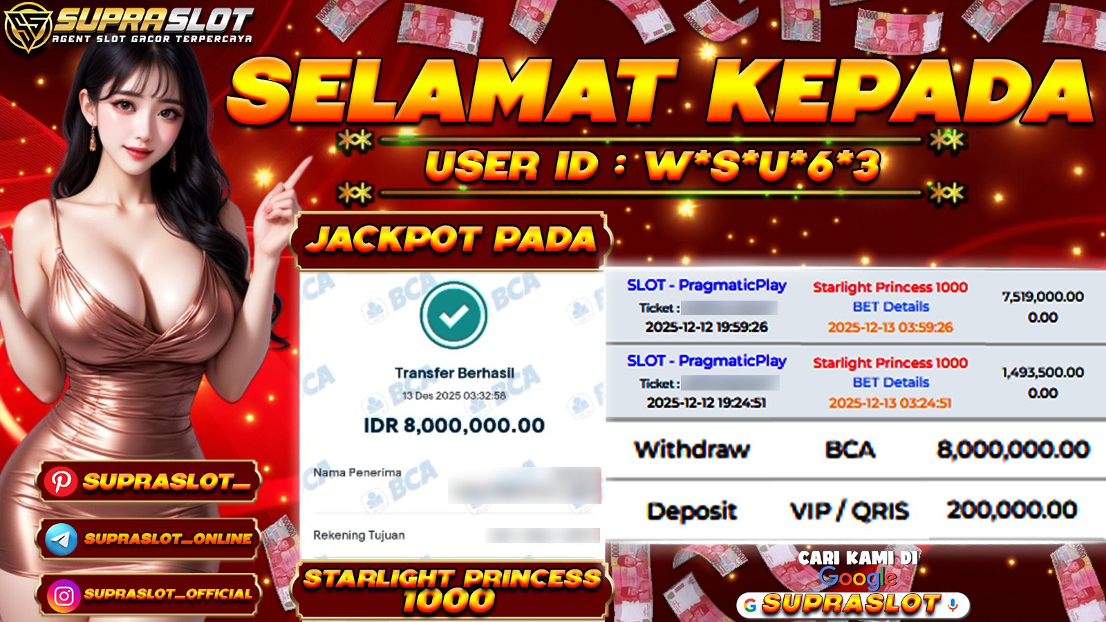 SUPRASLOT JACKPOT di SLOT STARLIGT PRINCESS 1000 Rp.8.000.000,- LUNAS