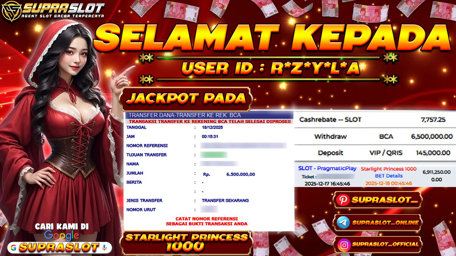 SUPRASLOT JACKPOT di SLOT STARLIGT PRINCESS 1000 Rp.6.500.000,- LUNAS