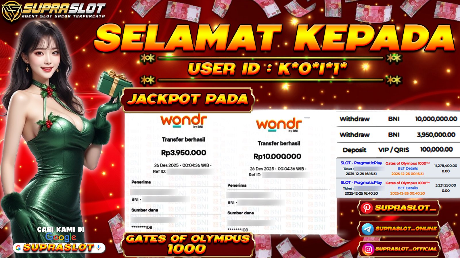 SUPRASLOT JACKPOT di SLOT GATES OF OLYMPUS 1000 Rp.13.950.000,- LUNAS