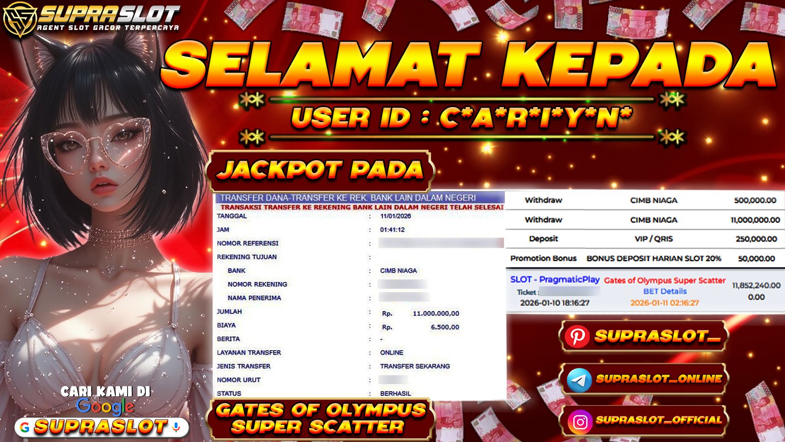 SUPRASLOT JACKPOT di SLOT GATES OF OLYMPUS SUPER SCATTER Rp.11.000.000,- LUNAS