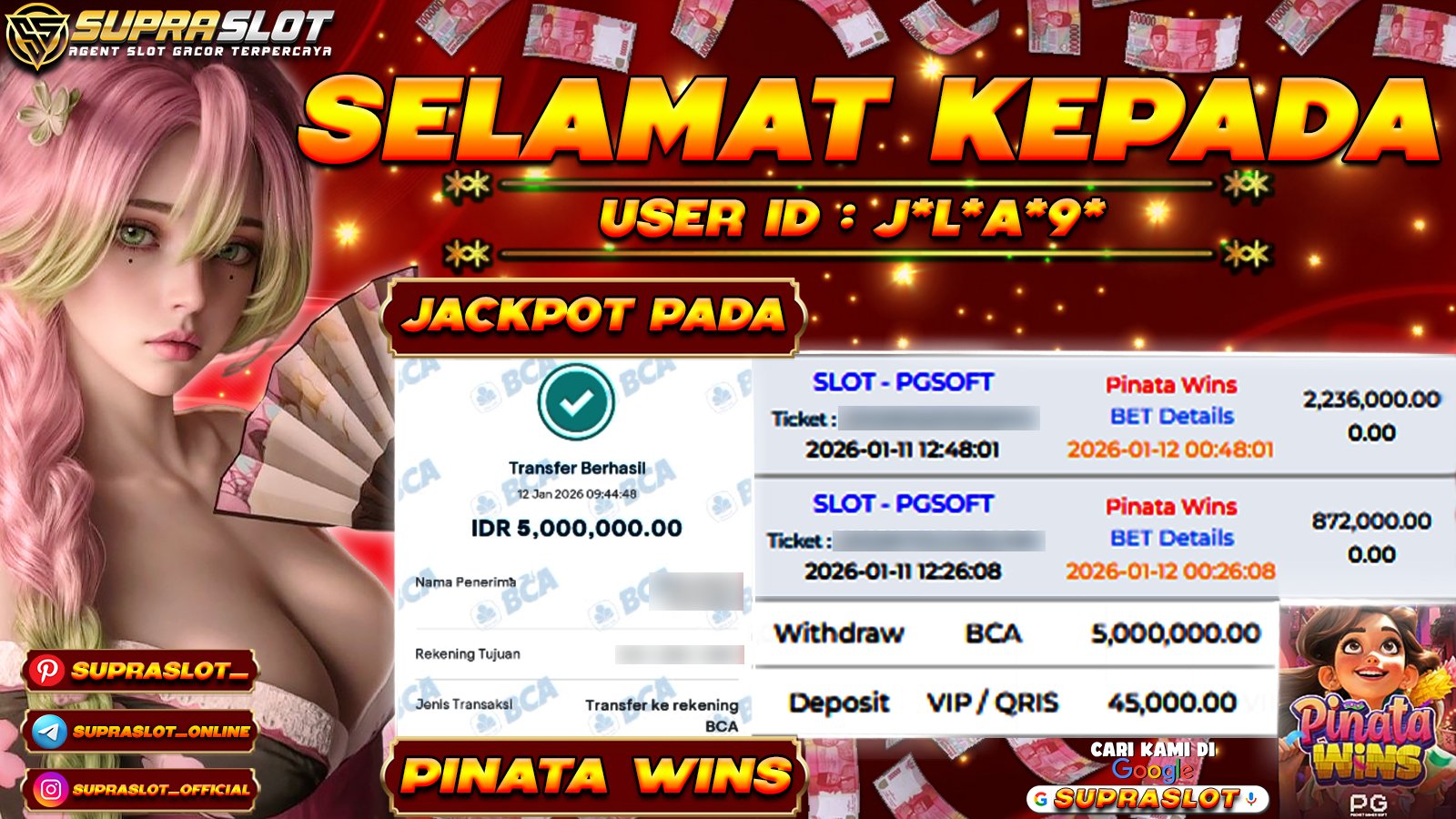 SUPRASLOT JACKPOT di SLOT PINATA WINS Rp.5.000.000,- LUNAS