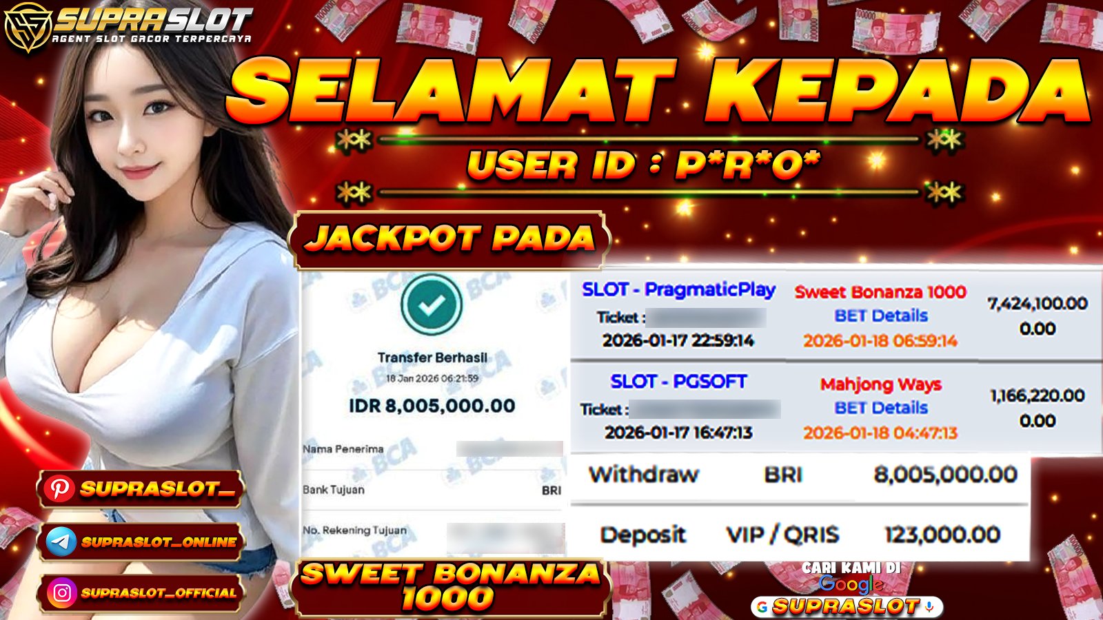 SUPRASLOT JACKPOT di SLOT SWEET BONANZA 1000 Rp.8.005.000,- LUNAS