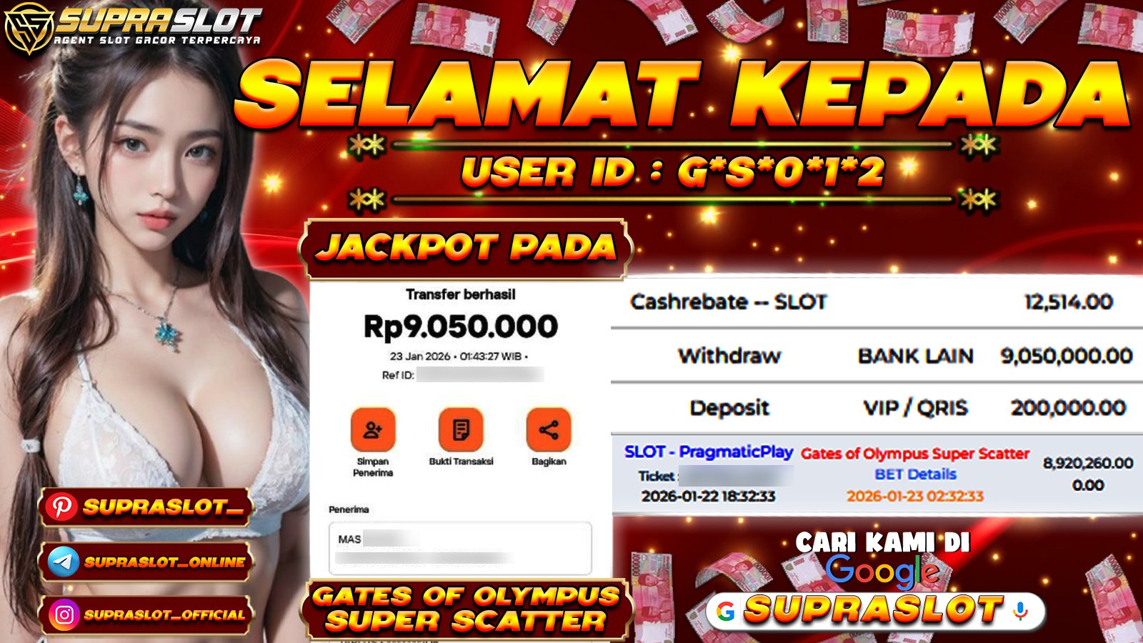 SUPRASLOT JACKPOT di SLOT GATES OF OLYMPUS SUPER SCATTER Rp.9.050.000,- LUNAS