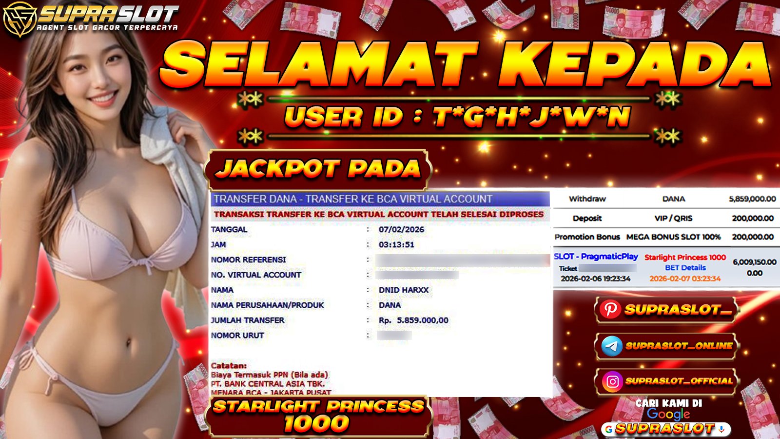 SUPRASLOT JACKPOT di SLOT STARLIGT PRINCESS 1000 Rp.5.859.000,- LUNAS