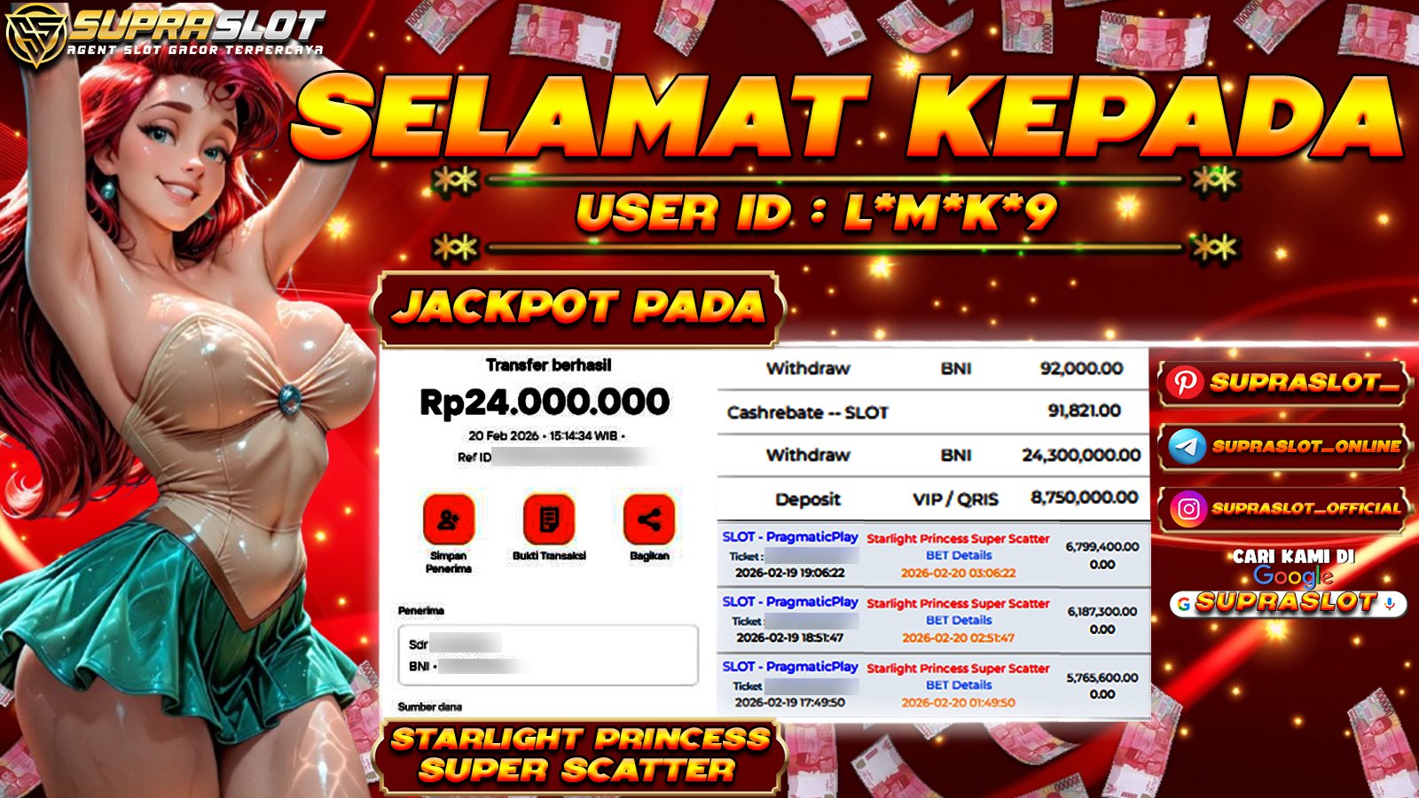 SUPRASLOT JACKPOT di SLOT STARLIGHT PRINCESS SUPER SCATTER Rp.24.000.000,- LUNAS