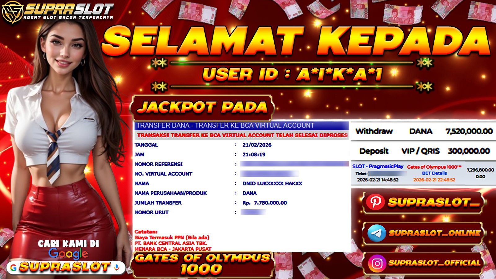 SUPRASLOT JACKPOT di SLOT GATES OF OLYMPUS 1000 Rp.7.750.000,- LUNAS